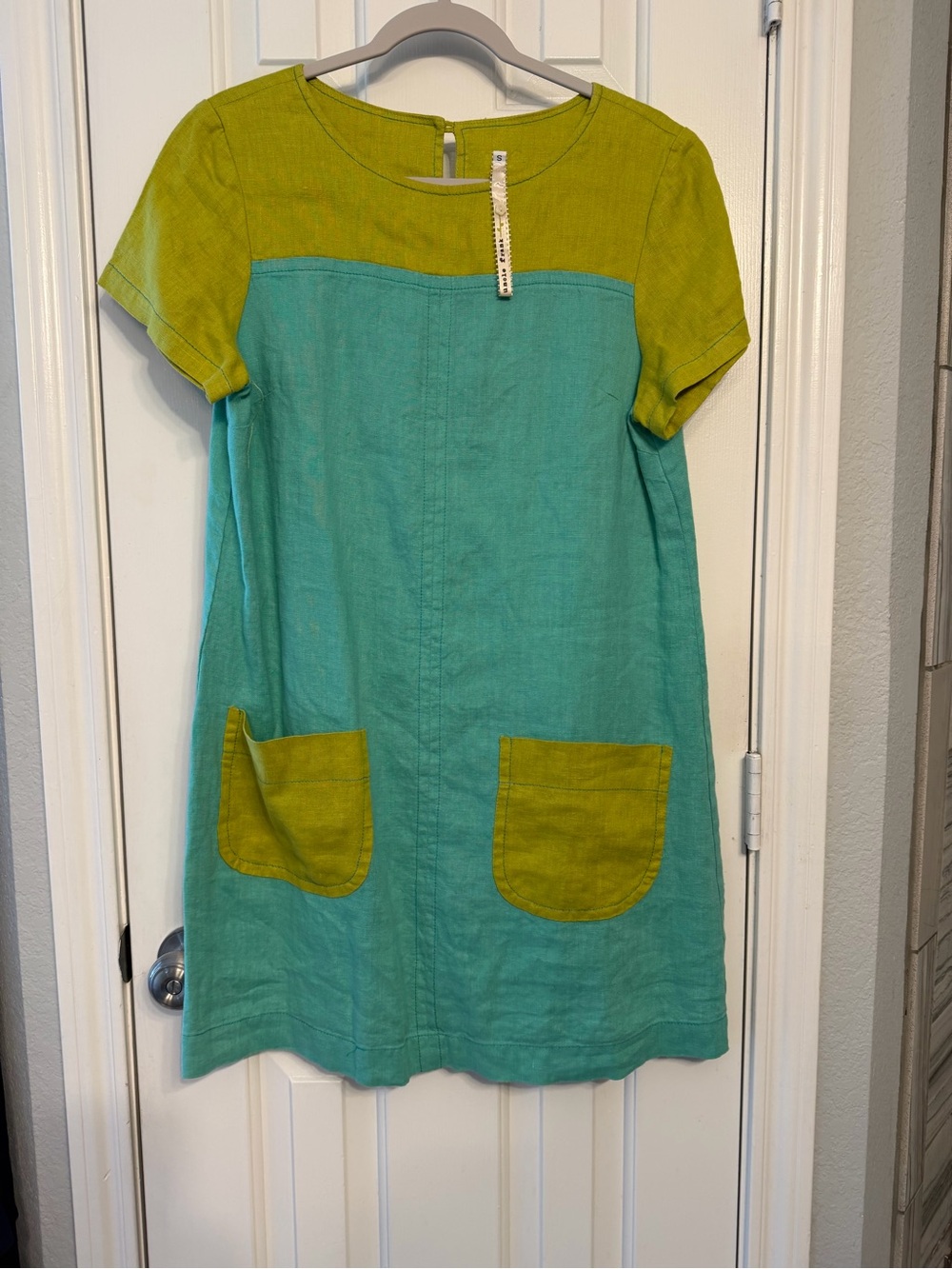 Uncle Frank Teal and Olive Green Colorblock Linen Midi Dress